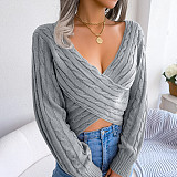 Cross V-Neck Twist Long Sleeve Crop Top Sweater BJS-1217