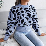Leopard Print Slim Waist Knit Cropped Sweater BJS-2048