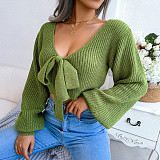 Bow V-Neck Lantern Sleeve Crop Sweater BJS-3016