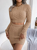 Long Sleeve Knitted Sweater Crop Top Skirts Set BJS-1820