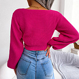 Bow V-Neck Lantern Sleeve Crop Sweater BJS-3016