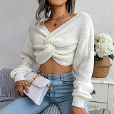 Long Sleeve Knotted Knit Sweater Crop Tops BJS-2074