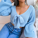 Bow V-Neck Lantern Sleeve Crop Sweater BJS-3016