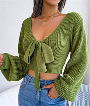 Bow V-Neck Lantern Sleeve Crop Sweater BJS-3016