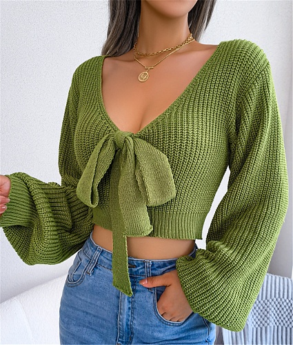 Bow V-Neck Lantern Sleeve Crop Sweater BJS-3016
