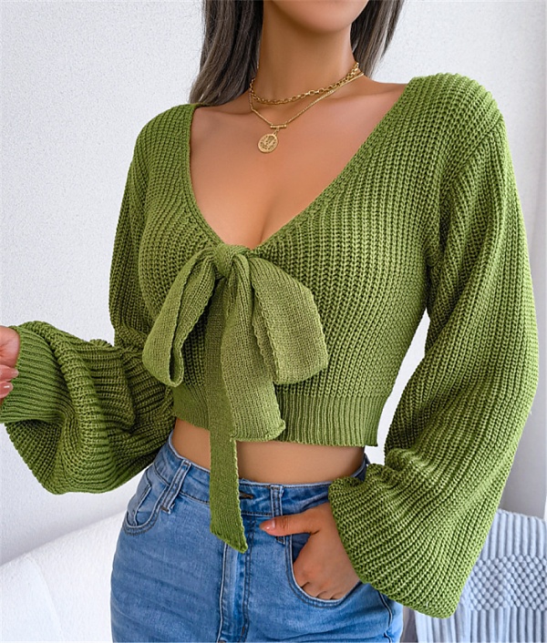 Bow V-Neck Lantern Sleeve Crop Sweater BJS-3016