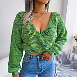 Lantern Sleeve V-Neck Crop Knitted Sweater BJS-2079