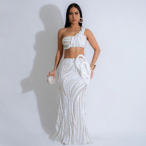 New lady sleeveless single shoulder short top with sexy bag hip skirt CYA-901620