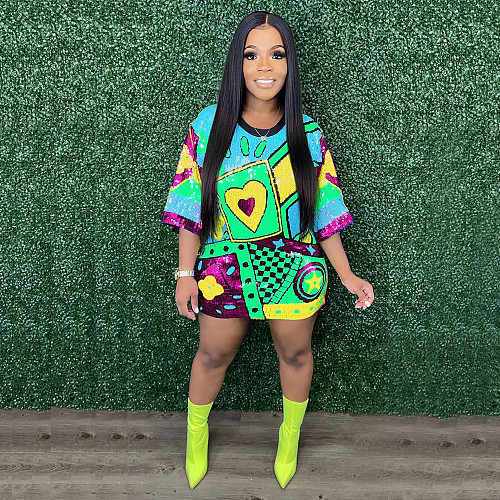 Sequins Geometric Half Sleeve Loose T-shirt Dresses CYA-9984