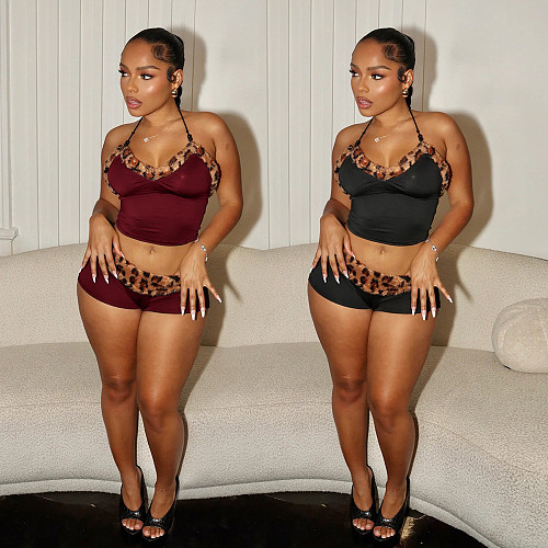 Sexy lace-up cropped top with leopard print spliced milk silk two-piece CYA-901444