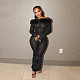 Black Long-sleeved one-line shoulder top slim trousers furry two-piece set CYA-901641