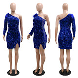 Women's Sequin Dress Sexy One Shoulder Long Sleeve Feather Sparkly CYA-9479