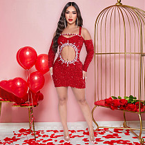 Women's shoulder drop hollowed-out diamond sequin dress sexy hip dress CYA-901647