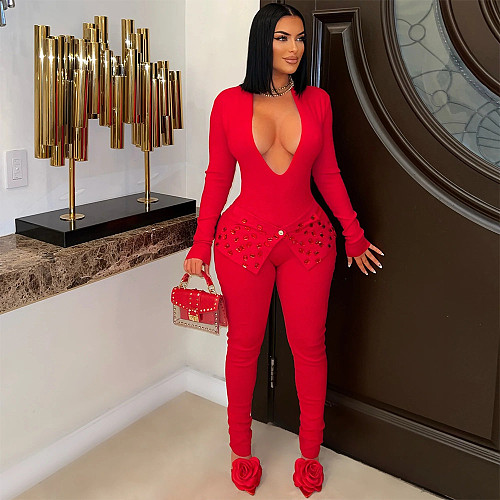 Women's sexy V-neck hot drill jumpsuit slim pencil pants CYA-901685