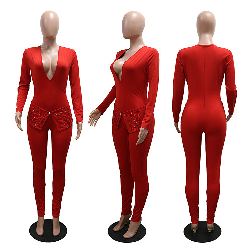 Women's sexy V-neck hot drill jumpsuit slim pencil pants CYA-901685