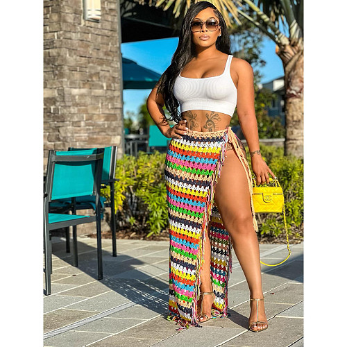 Rainbow Crochet Knitted Tassel Beach Cover Up Skirt CM-8672