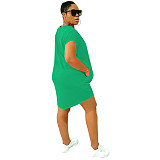 Solid Short Sleeve O-neck Pockets Casual Dresses YH-5264