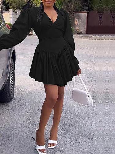 Elegant Girls V-neck Flounced Sleeves Pleated Mini Dresses YH-5308