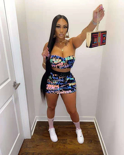 Strapless Print Tube Crop Top Bodycon Skirt Sets OLD-8607