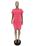 Solid Short Sleeve O-neck Pockets Casual Dresses YH-5264