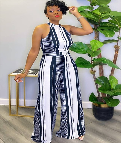 Elegant Striped Print Halter Neck Straight Jumpsuit OLD-8606