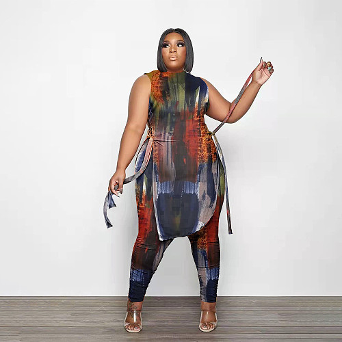Side Split Lace Up Tank Tops Leggings Plus Size Sets PINH-13278