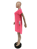 Solid Short Sleeve O-neck Pockets Casual Dresses YH-5264