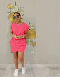Solid Short Sleeve O-neck Pockets Casual Dresses YH-5264