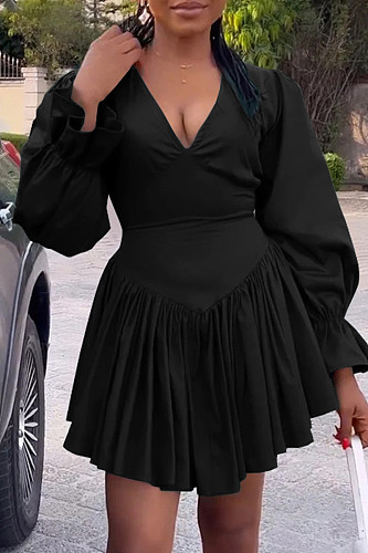 Elegant Girls V-neck Flounced Sleeves Pleated Mini Dresses YH-5308