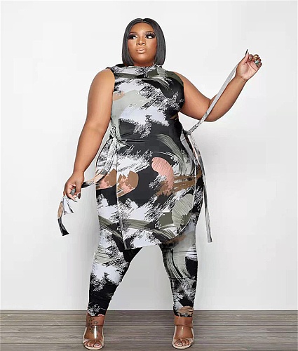 Side Split Lace Up Tank Tops Leggings Plus Size Sets PINH-13278
