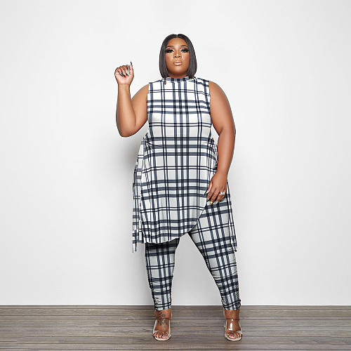 Plus Size Plaid Print Tank Tops Pencil Pants Sets PINH-13273