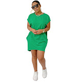 Solid Short Sleeve O-neck Pockets Casual Dresses YH-5264