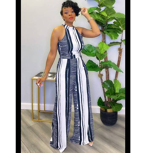 Elegant Striped Print Halter Neck Straight Jumpsuit OLD-8606