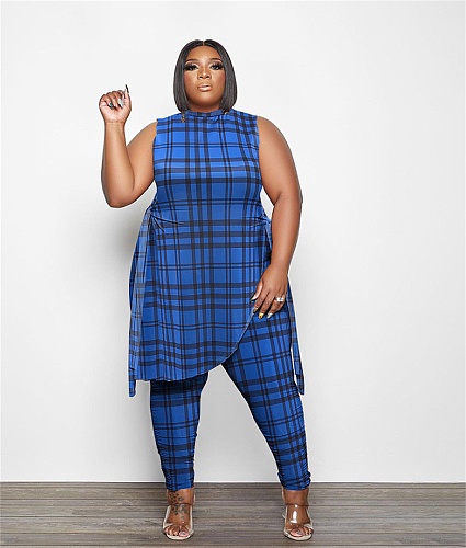 Plus Size Plaid Print Tank Tops Pencil Pants Sets PINH-13273