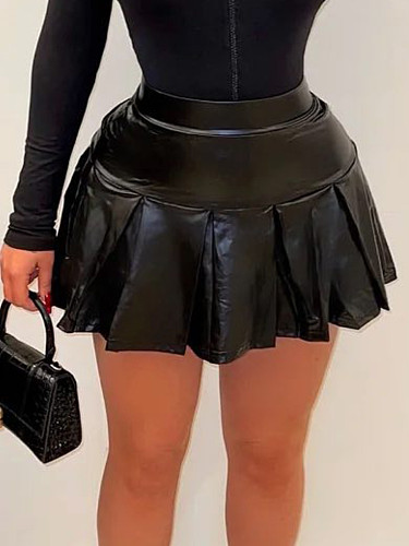 Cute Girl PU-Leather High-elastic Mini Pleated Skirt YH-5324