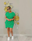 Solid Short Sleeve O-neck Pockets Casual Dresses YH-5264
