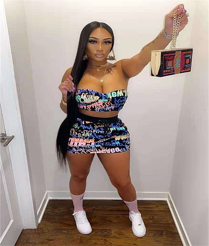 Strapless Print Tube Crop Top Bodycon Skirt Sets OLD-8607