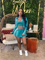 Fashion Women Solid Color Long Sleeves Pleated Mini Skirt 3 Pieces Sets CH-24100