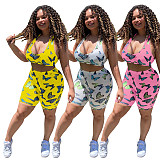 Sexy Butterfly Print Bodice Wrap Tight Shorts Two-piece Set DM-8132