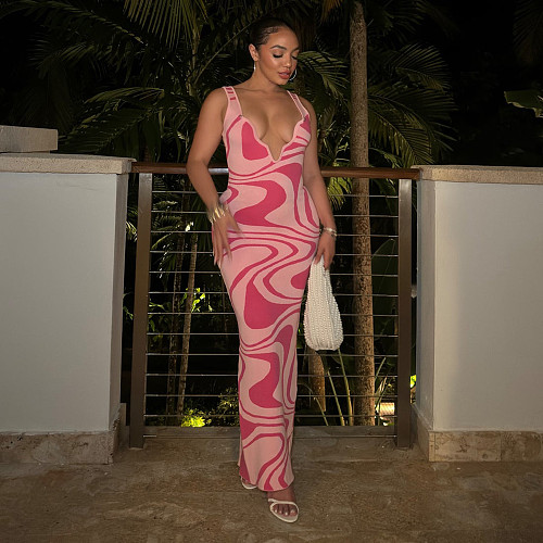 Lady Irregular collar print back hollowed out halter dress YNS-2675