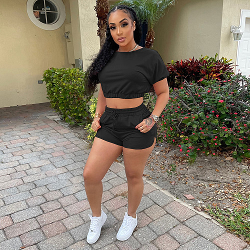 Sexy Solid Color Cotton Women Short Sleeve Stretch Crop Top Jogging Shorts Summer 2 Piece Set DM-8179