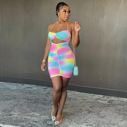 Women Tie-dye Print Cut Out Bodycon Halter Dress DM-8168