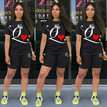Casual Solid-color Poker Q-printed Short-sleeved Two-piece Set DM-8134