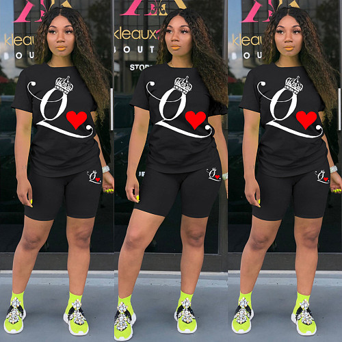Casual Solid-color Poker Q-printed Short-sleeved Two-piece Set DM-8134