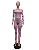 Women Solid Color Long Sleeves Bodycon Pants Sporty 2 Pieces Sets MEM-88606