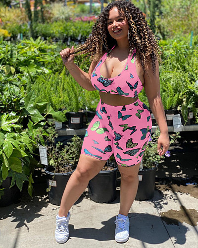 Sexy Butterfly Print Bodice Wrap Tight Shorts Two-piece Set DM-8132