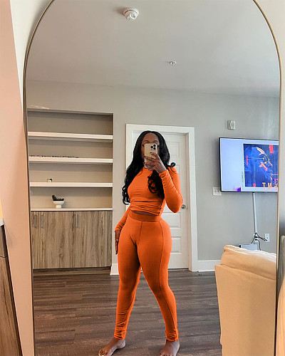Women Solid Color Long Sleeves Bodycon Pants Sporty 2 Pieces Sets MEM-88606