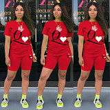 Casual Solid-color Poker Q-printed Short-sleeved Two-piece Set DM-8134