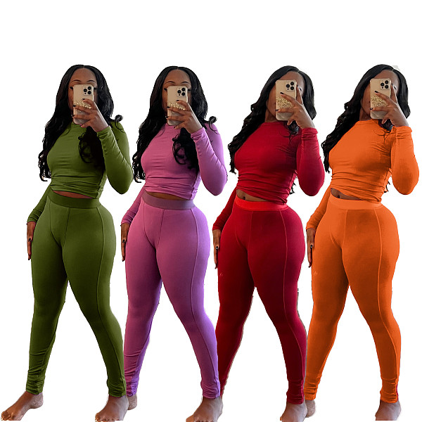Women Solid Color Long Sleeves Bodycon Pants Sporty 2 Pieces Sets MEM-88606