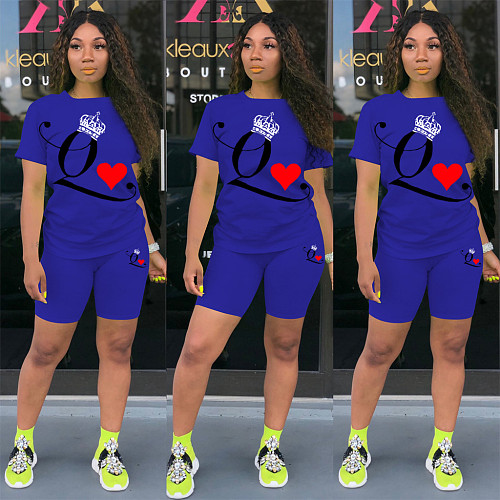 Casual Solid-color Poker Q-printed Short-sleeved Two-piece Set DM-8134
